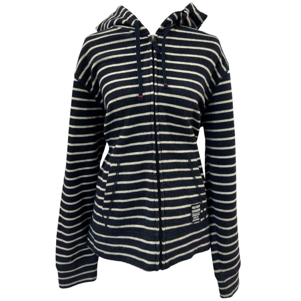 Tommy Hilfiger blue and white striped hoodie size L 100% cotton